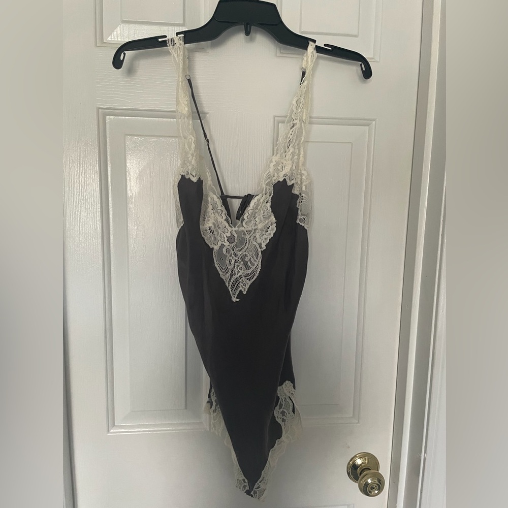 Victoria's Secret Grey and Cream Lace silk Bodysuit teddy style lingerie
